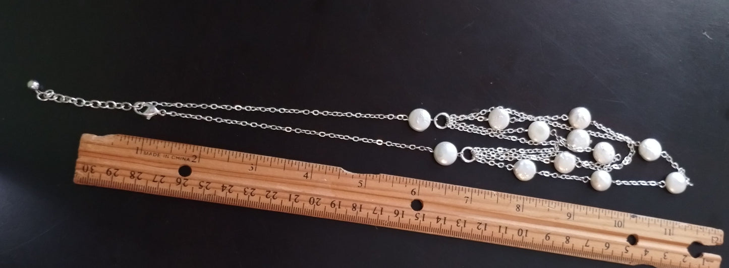 Silver Tone Faux Flat Pearl Multi Stran Chain Necklace