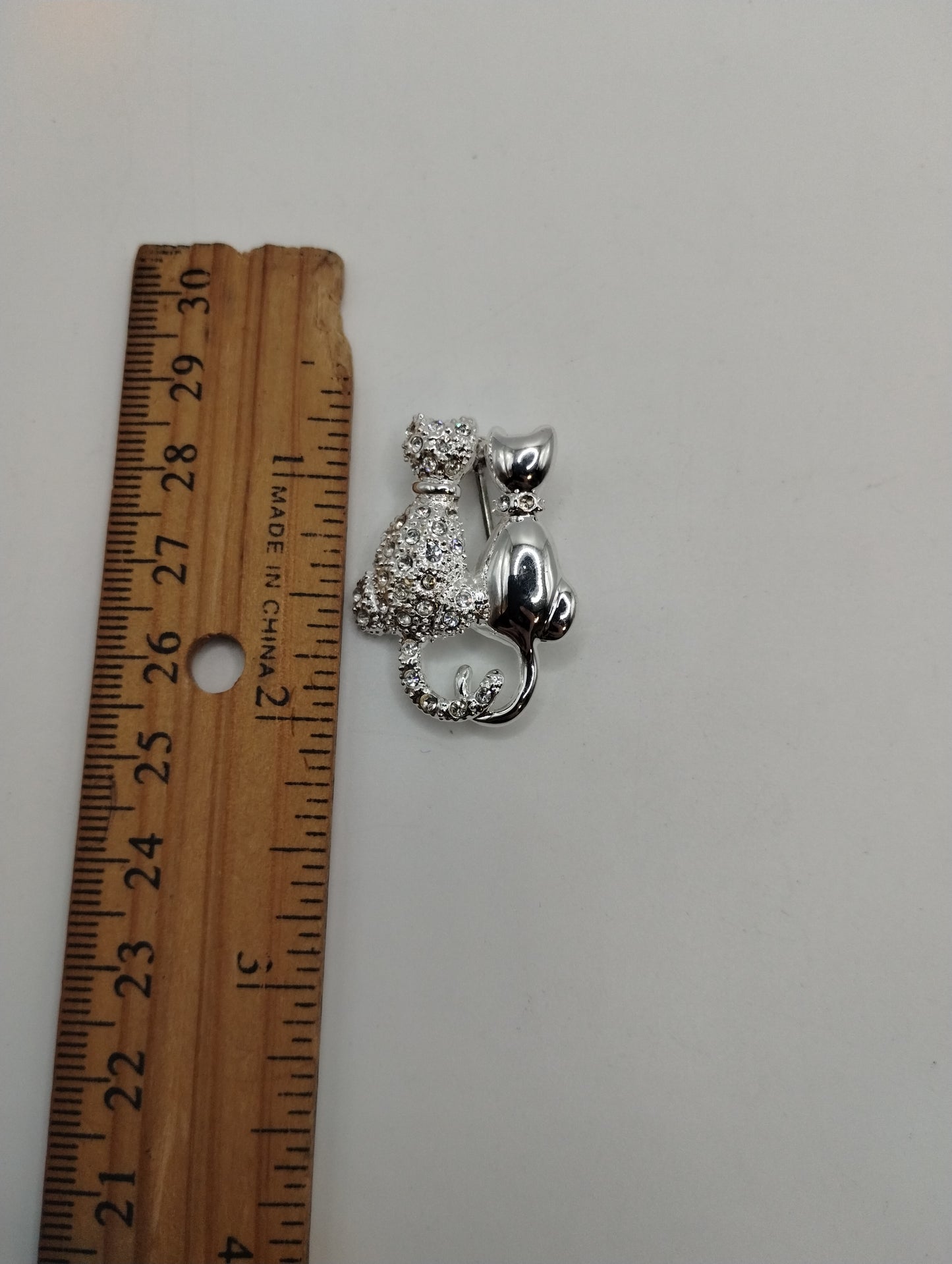 Silver Tone Two Cat Two Tone Cubic Zirconia Pin Brooch