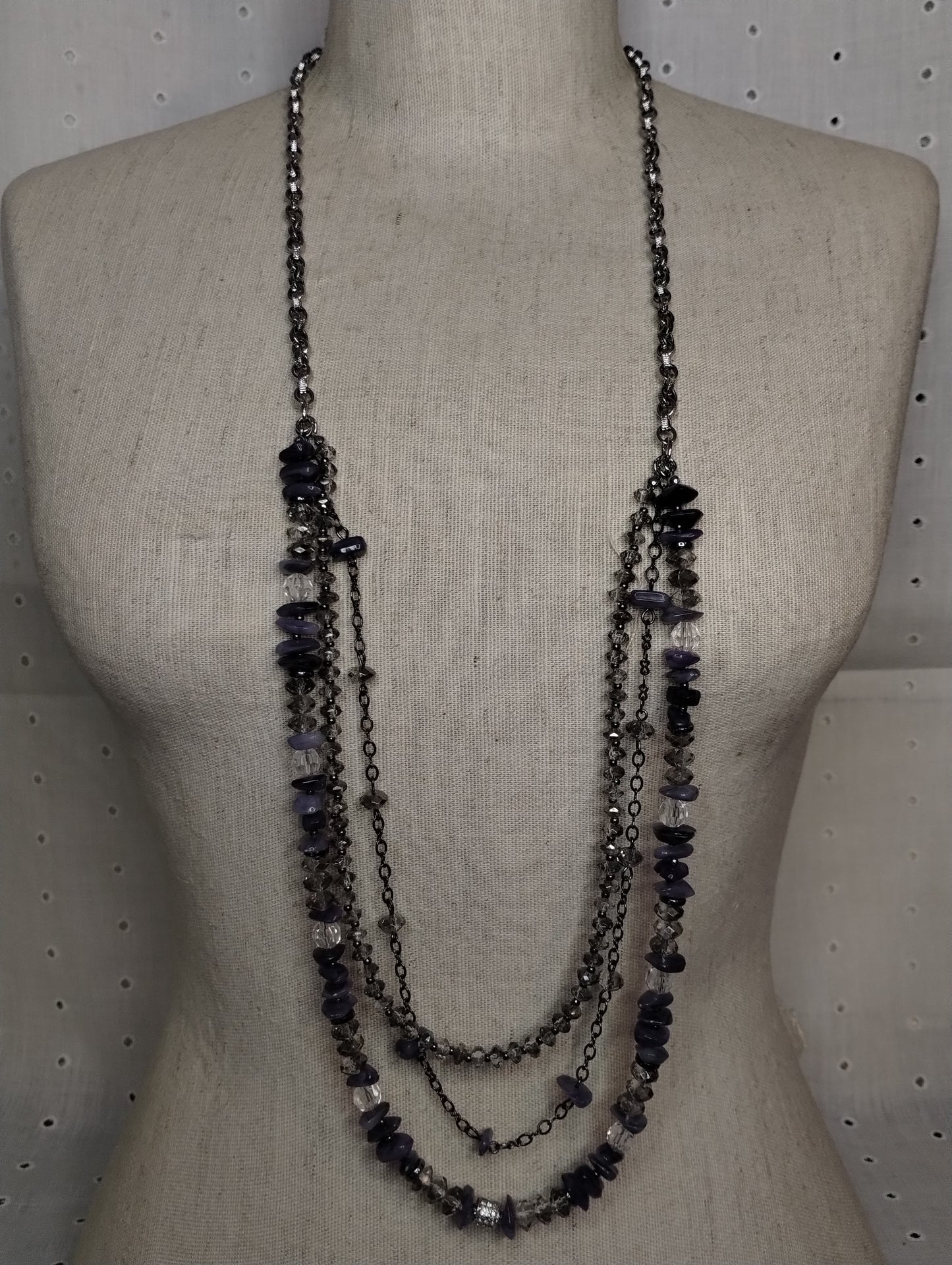 Chicos Jewelry Set Silver Tone Multistrand Chain Purple Bead Necklace Earrings