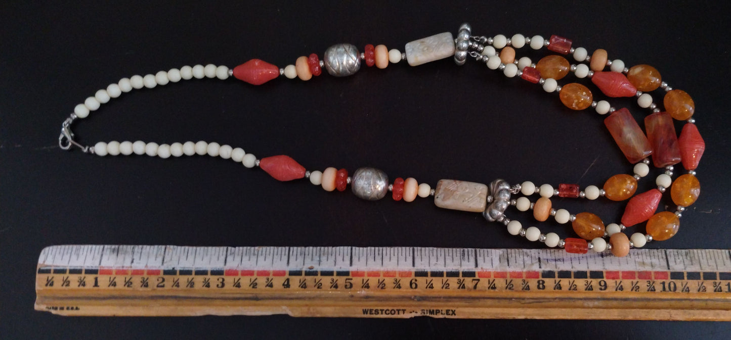 Vintage Multi Colored Engraved Beads 22" Long Beaded Necklace