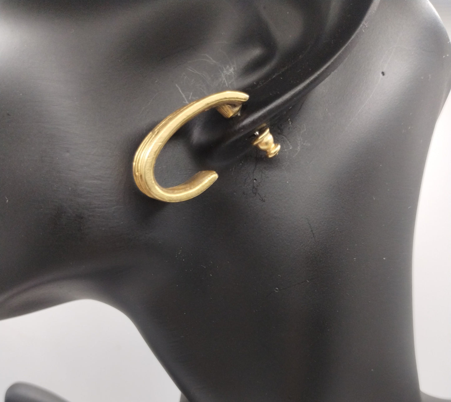 Vintage Signed Monet Brass Bronze Tone Patterened Hoop Pierced Earrings
