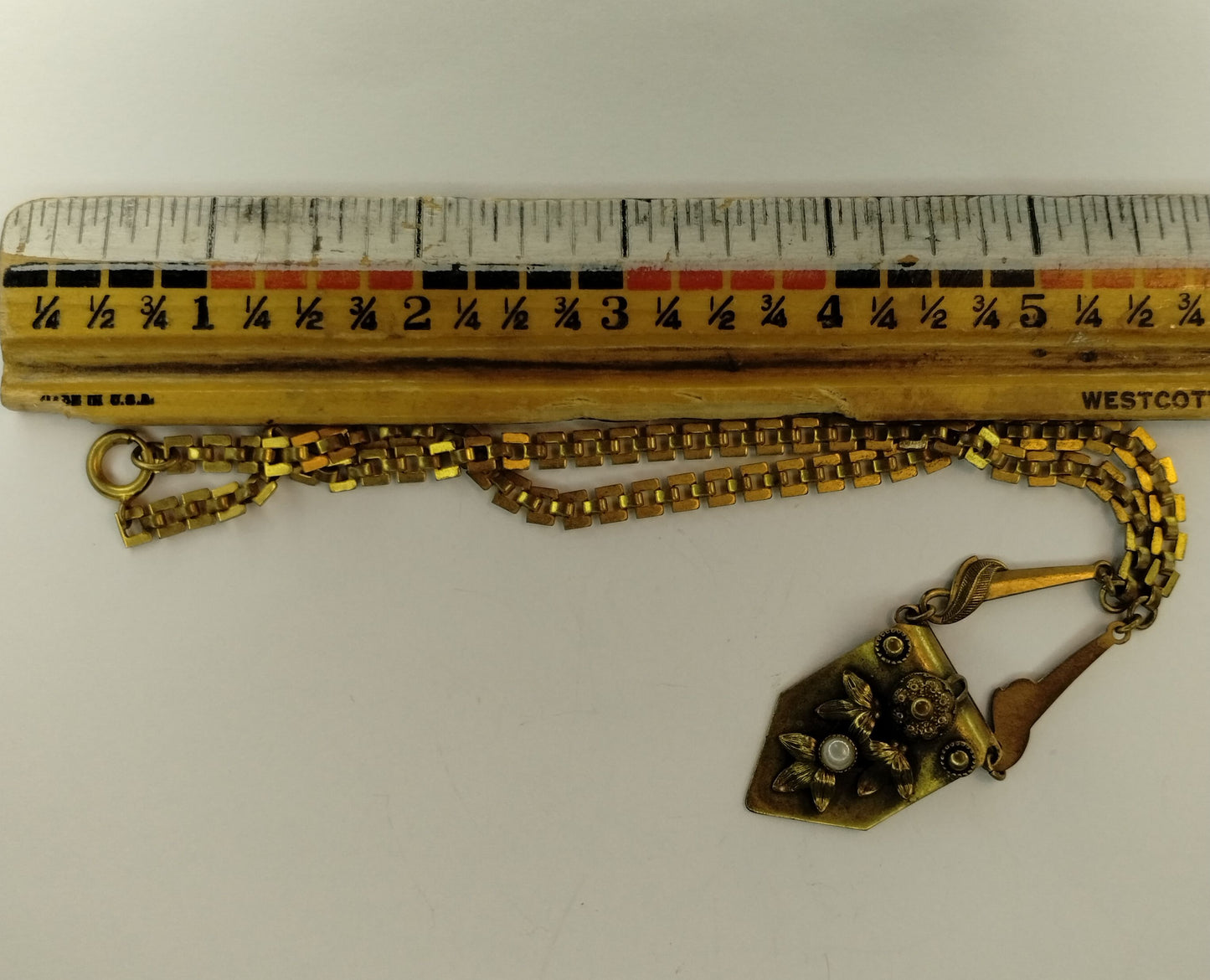 Vintage Art Nouveau Brass Tone Seed Pearl Chain Link Necklace