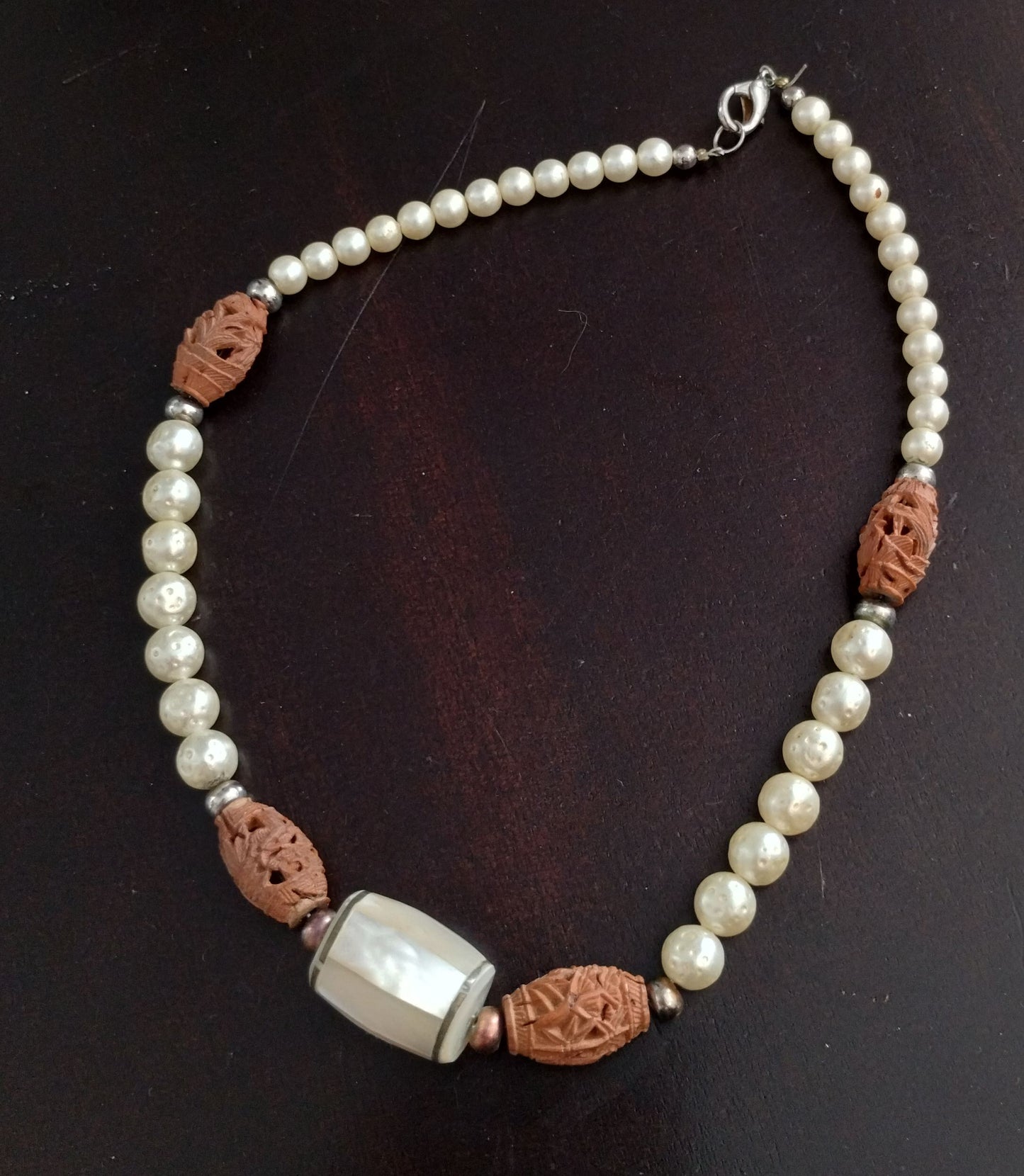 Vintage Carved Bead Faux Pearl MOP Mother of Pearl Necklace