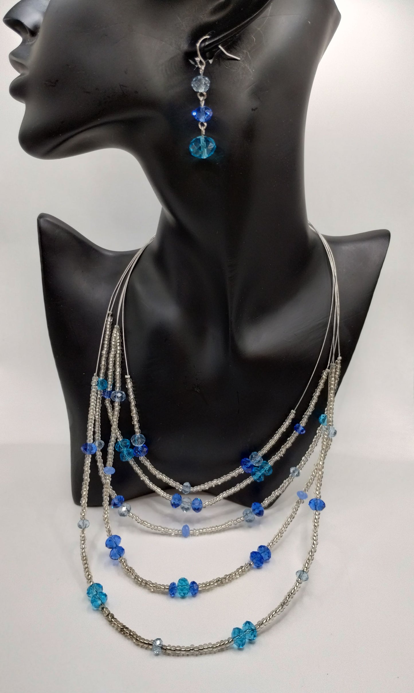 Silver Tone Blue Silver Beaded Wire Multi Chain 20" Necklace Earring Set