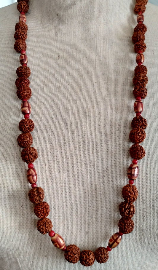 Vintage Carved Wood Painted Red Bead Necklace