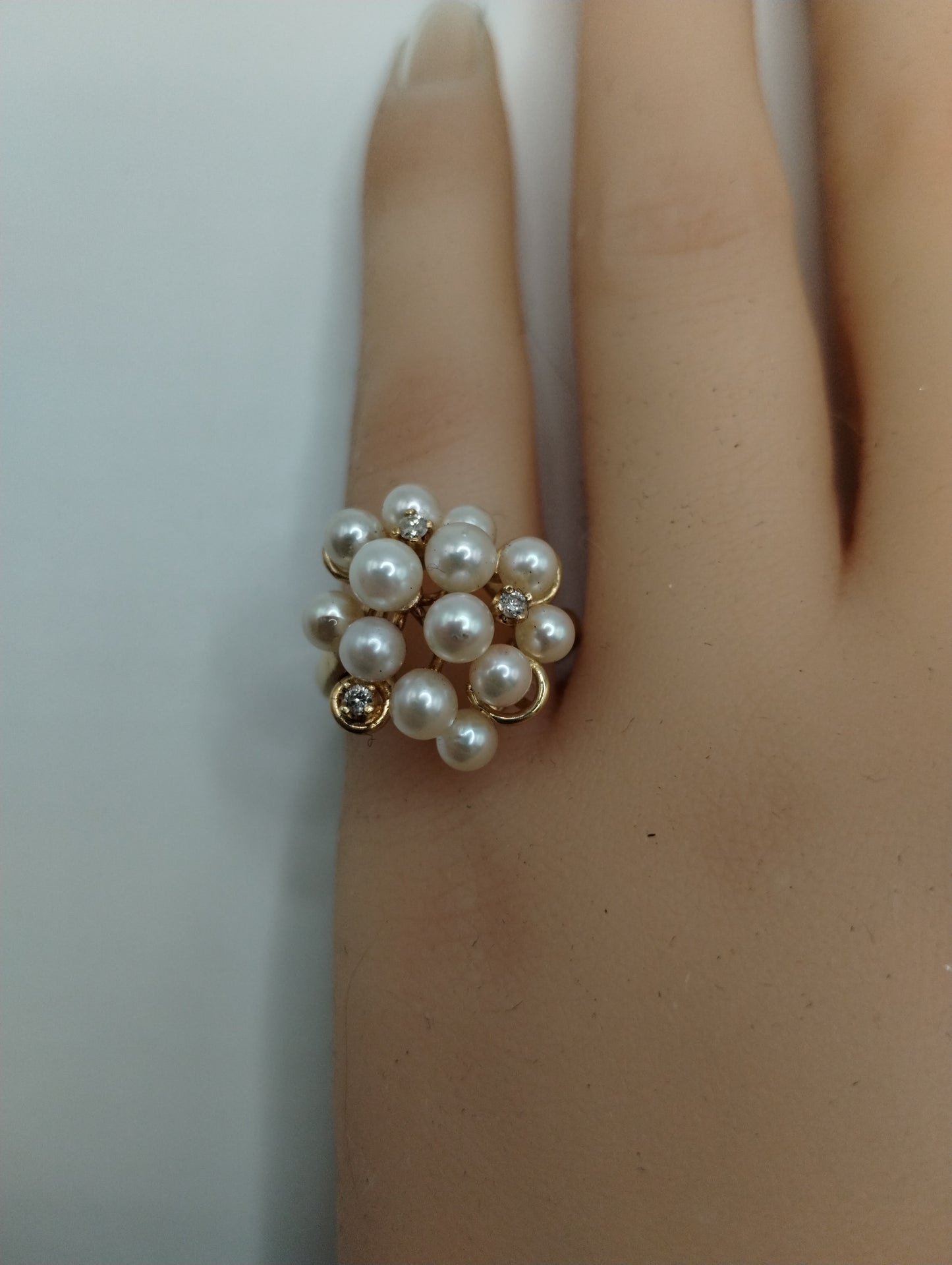 14k Yellow Gold Pearl Cluster Diamond Cocktail Ring Sz 5.75