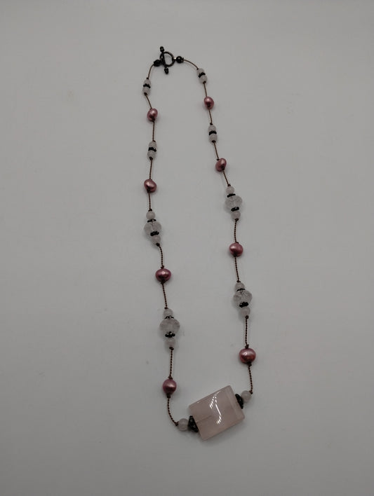 Silver Tone Pink Quartz Pink Pearl Toggle Clasp Necklace