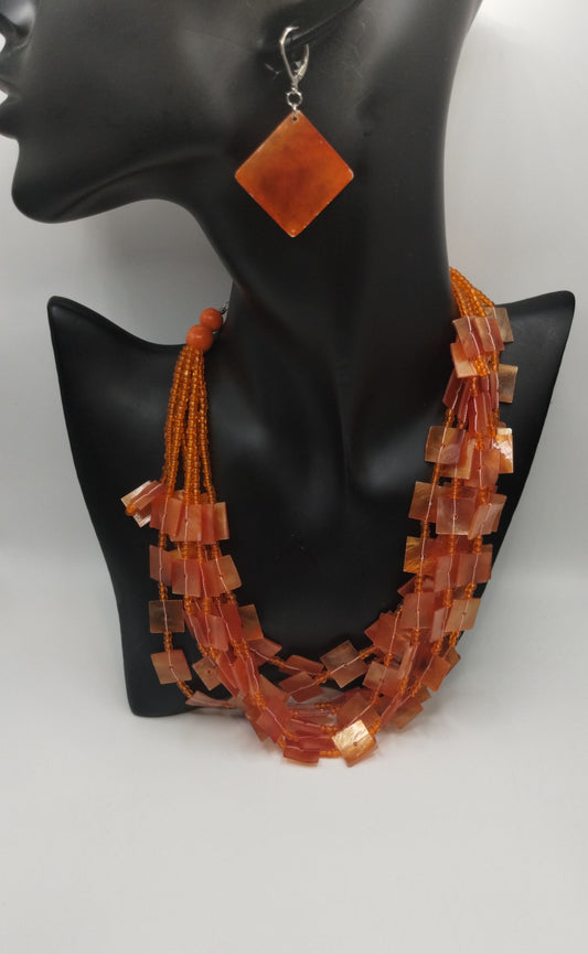 Vintage Cold Water Creek Orange Beads Multi Strand Necklace & Earrings