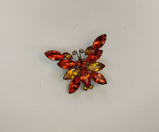 Vintage Bronze Tone Orange Red Rhinestone Butterfly Brooch Pin