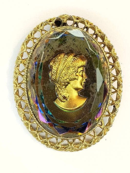 Vintage Gold Tone Rainbow Watermelon Glass Intaglio Cameo Brooch Pin Pendant