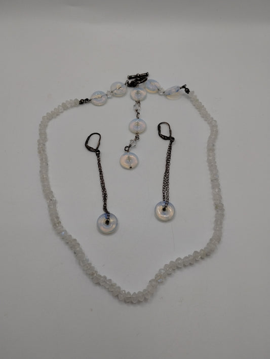 Sterling Silver 925 AB Glass Bead Jewelry Set Beaded Necklace Dangly Earrings