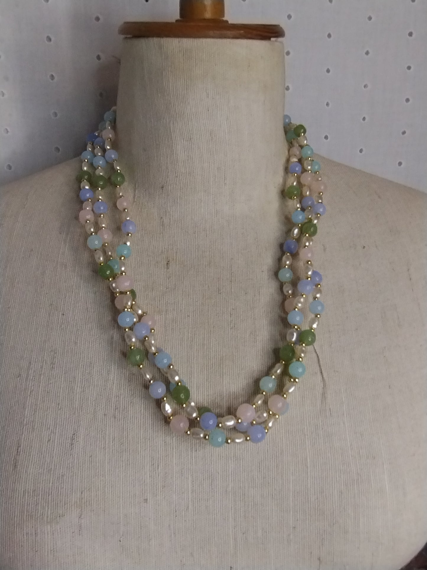 Vintage Pastel Plastic Bead Faux Pearl Multistrand Necklace Gold Tone