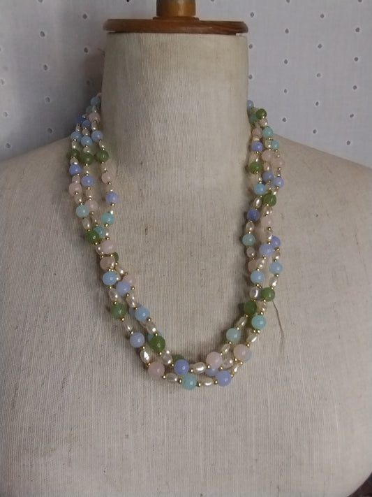Vintage Pastel Plastic Bead Faux Pearl Multistrand Necklace Gold Tone