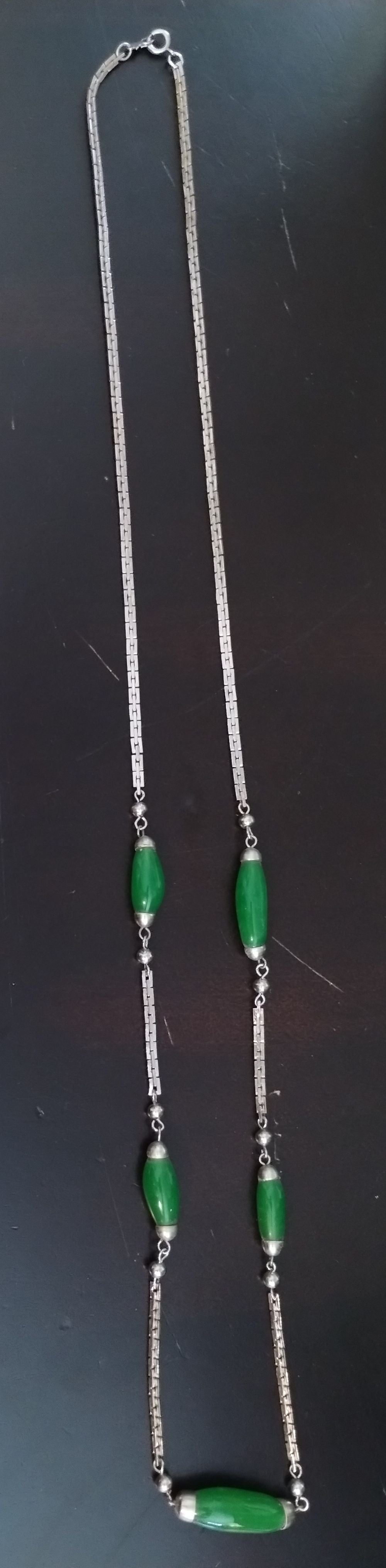 Vintage Silver Tone Large Green Beads 36" Long Specialty Chain Necklace