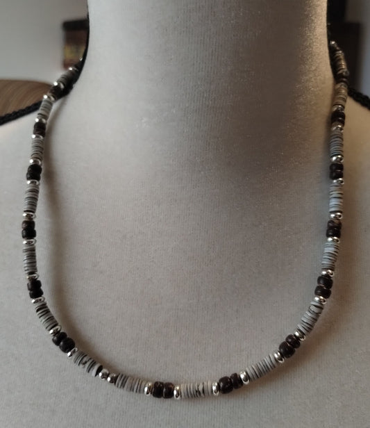 Vintage Boho Wood & Stone Bead Heishi Tribal Necklace
