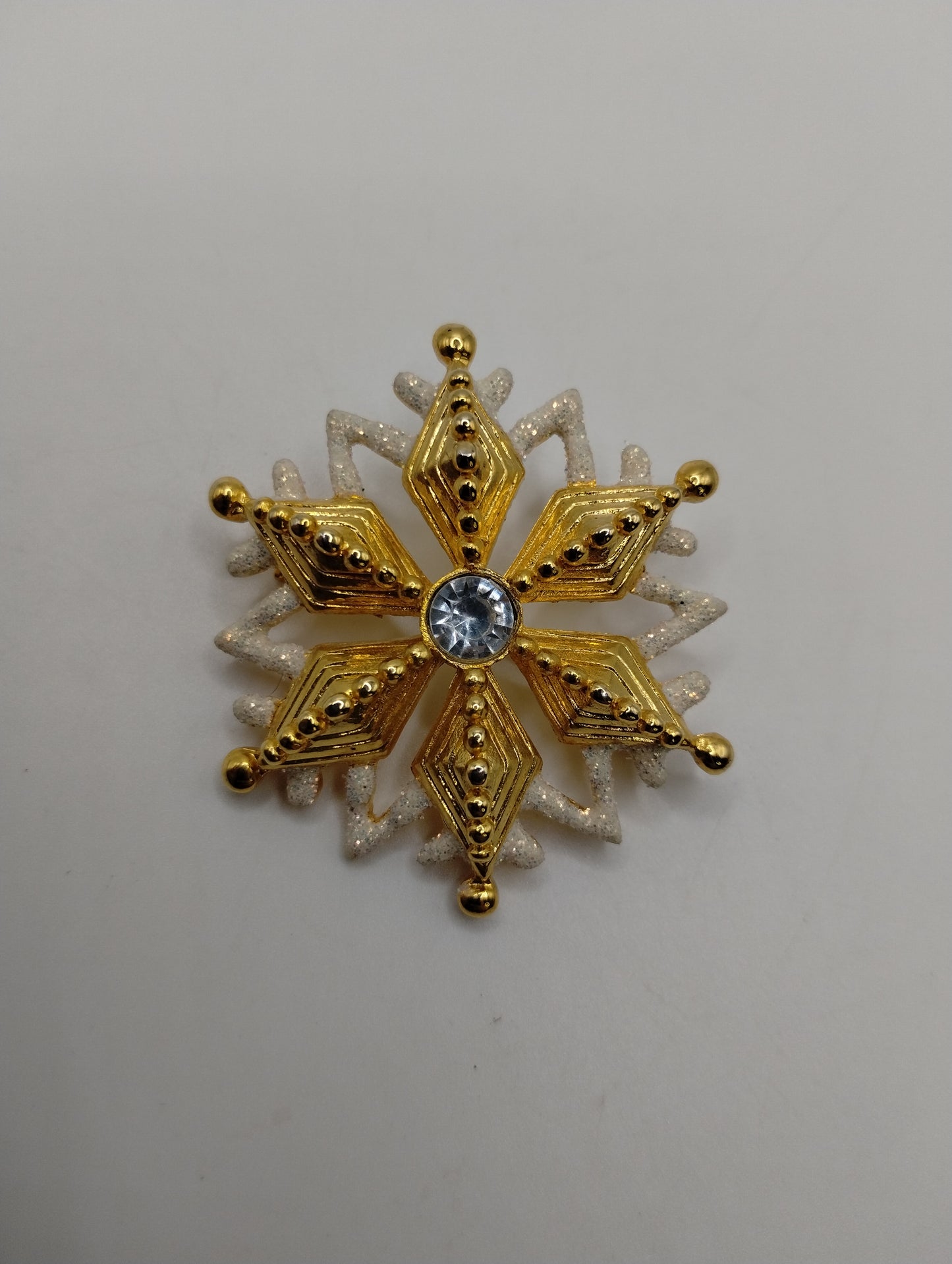 Vintage Signed SFJ Gold Tone Glitter Rhinestone Snowflake Brooch Pin