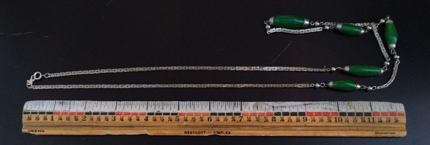 Vintage Silver Tone Large Green Beads 36" Long Specialty Chain Necklace