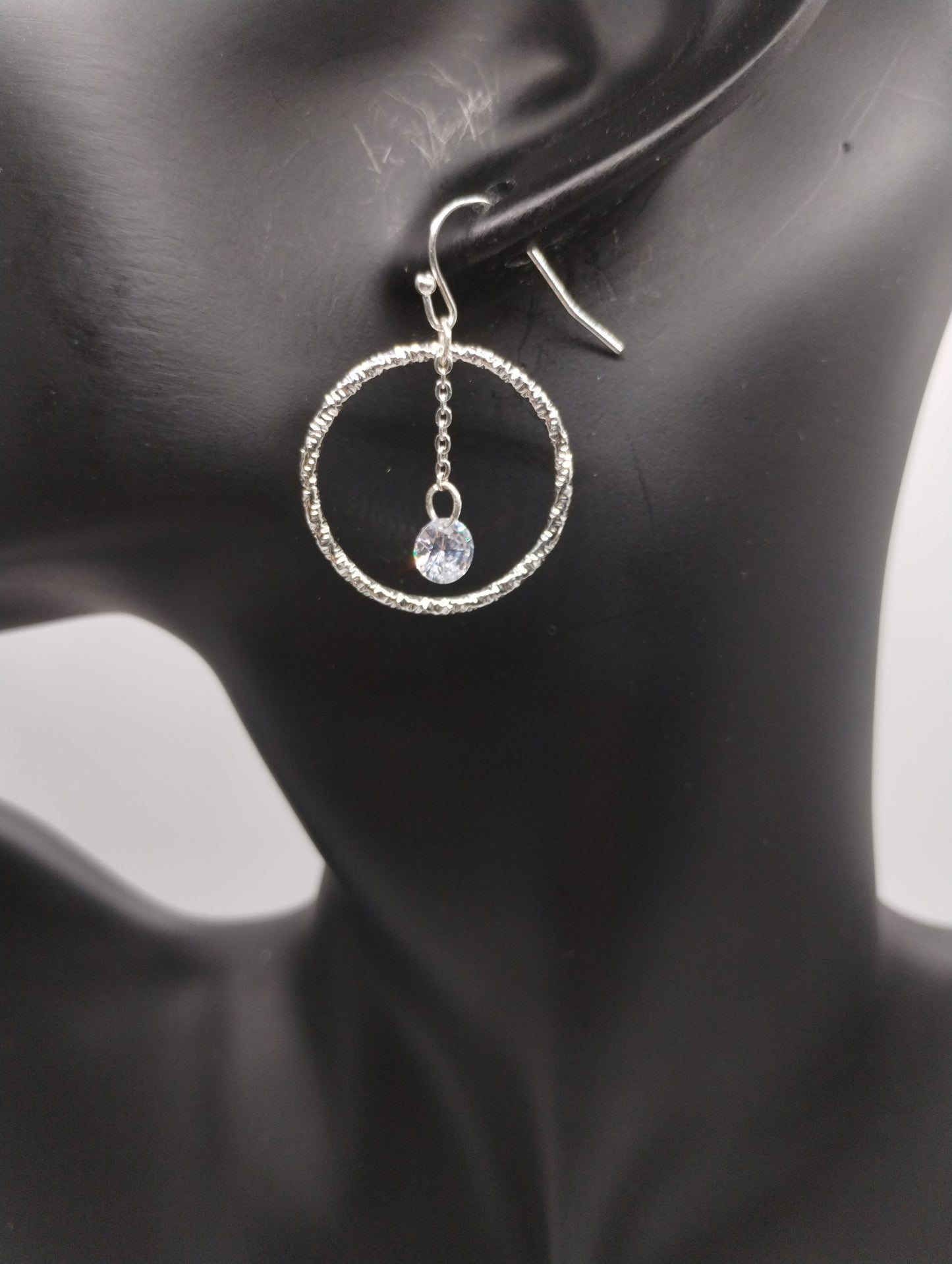 Silver Tone Textured Rhinestone Dangly Drop Pierced Earrings