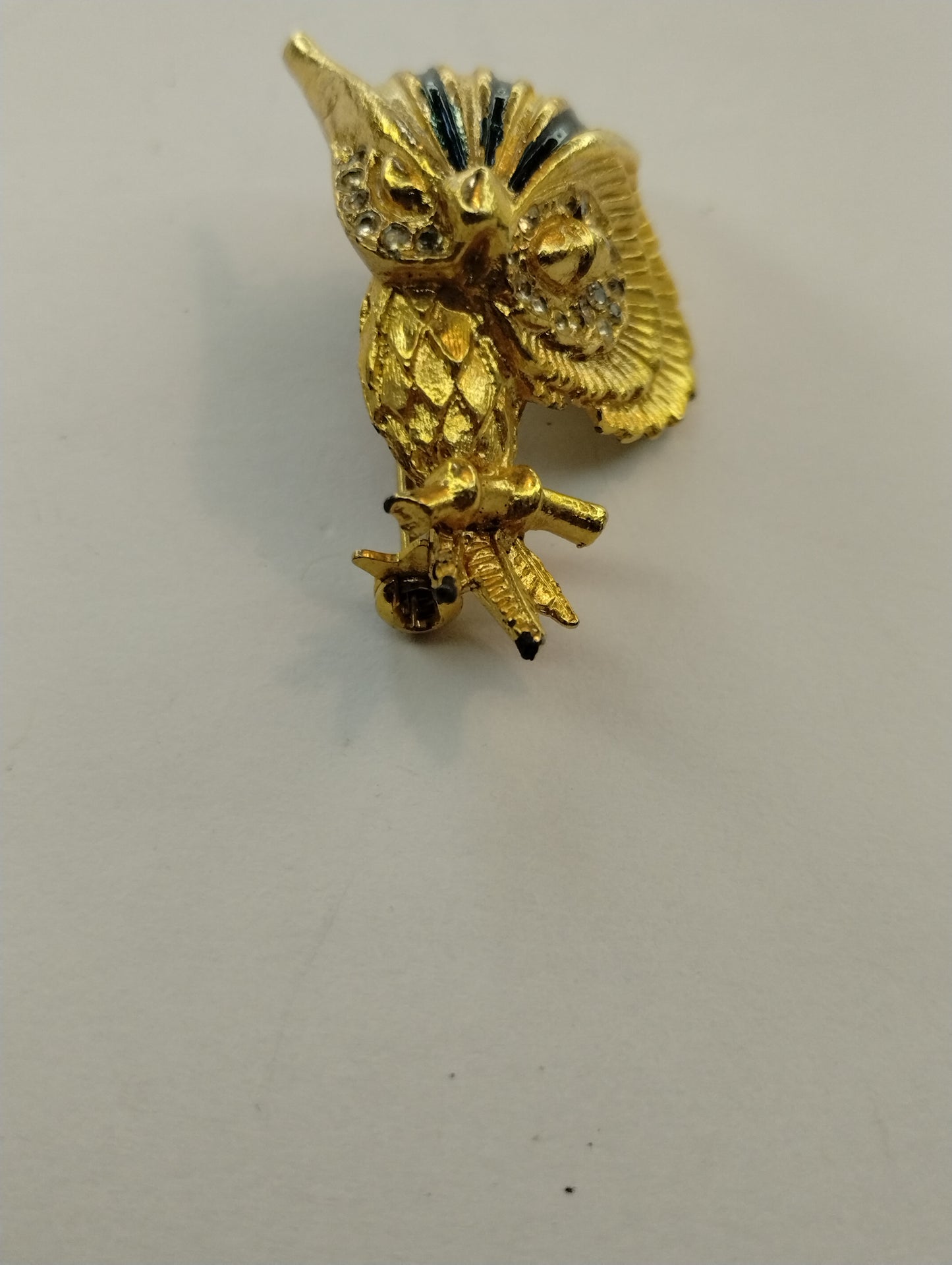 Vintage Gold Tone Rhinestone Blue Enamel Owl Brooch Pin Marked A1262