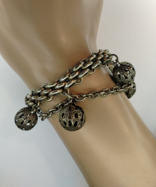 Vintage Silver Tone Heavy Multistran Chain Bell Ball Bohemian Bracelet Dangly
