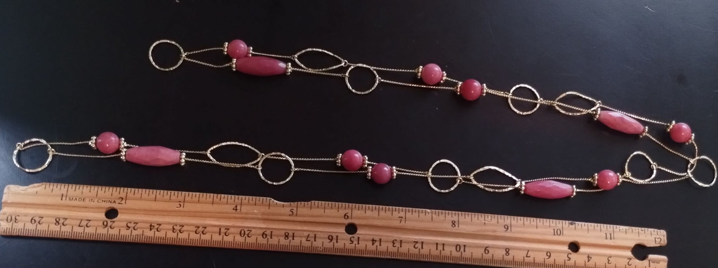 Vintage Gold Tone Pink Quartz Single Strand Layering Long Necklace