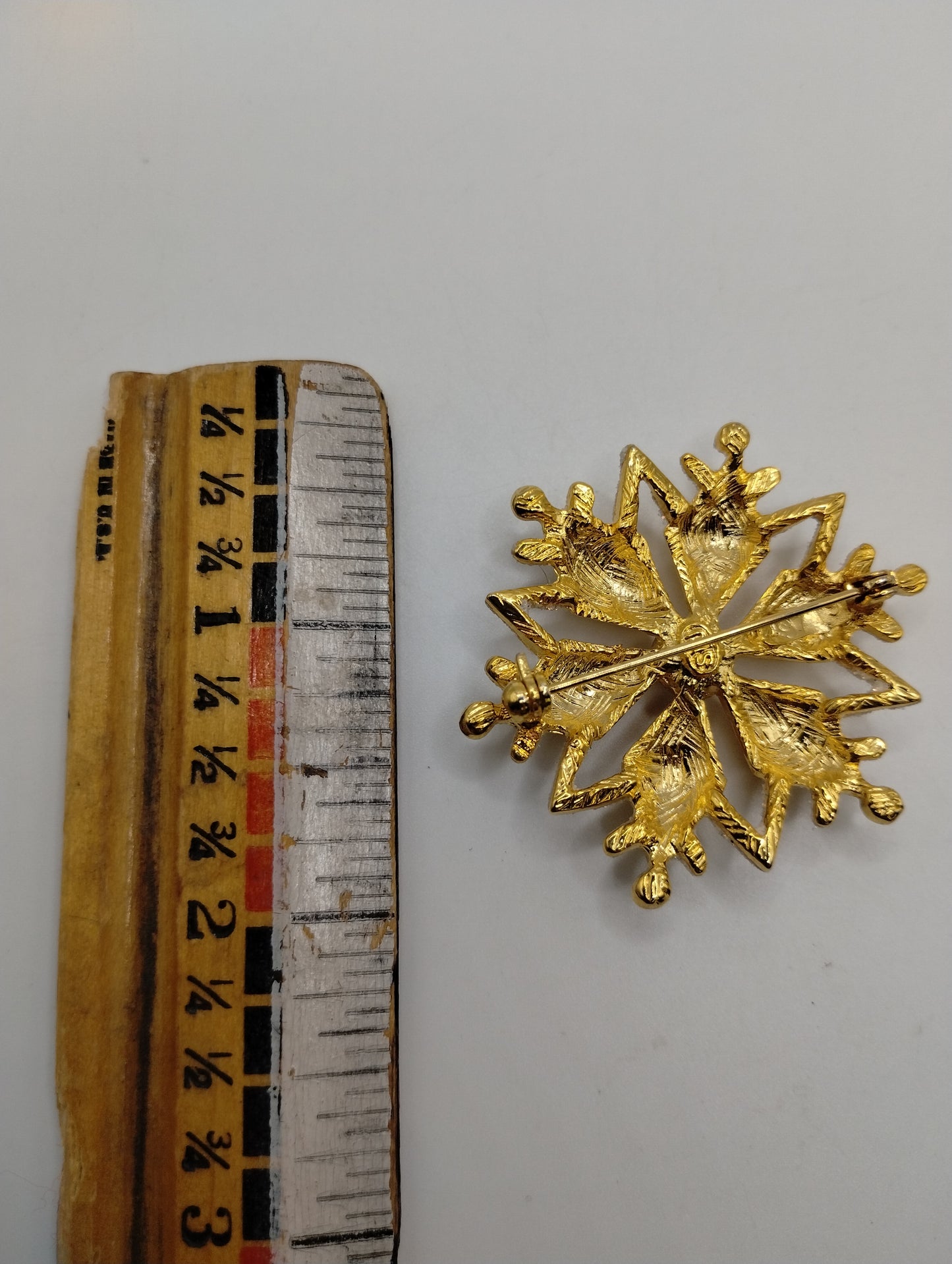 Vintage Signed SFJ Gold Tone Glitter Rhinestone Snowflake Brooch Pin