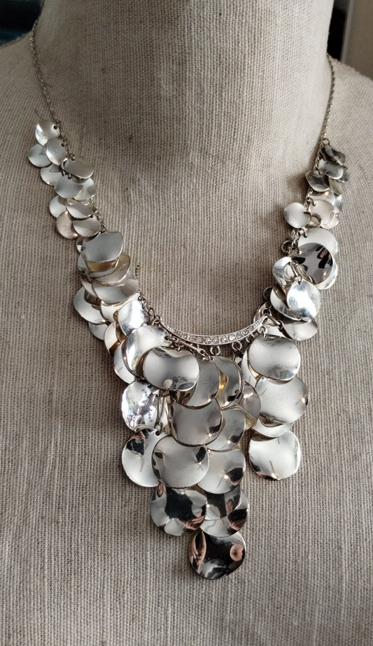 Vintage Silver Tone Rhinestone Bib Style Necklace Adjustable