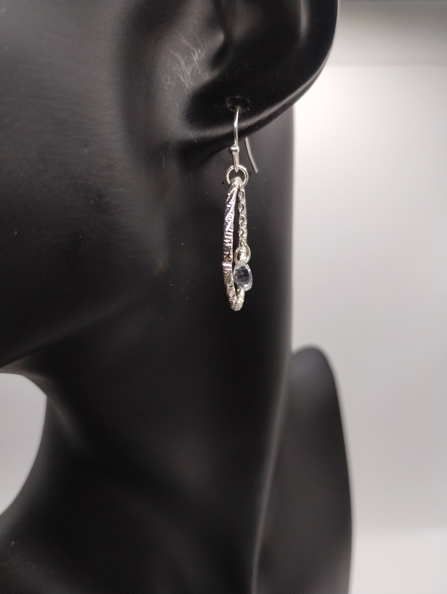 Silver Tone Textured Rhinestone Dangly Drop Pierced Earrings