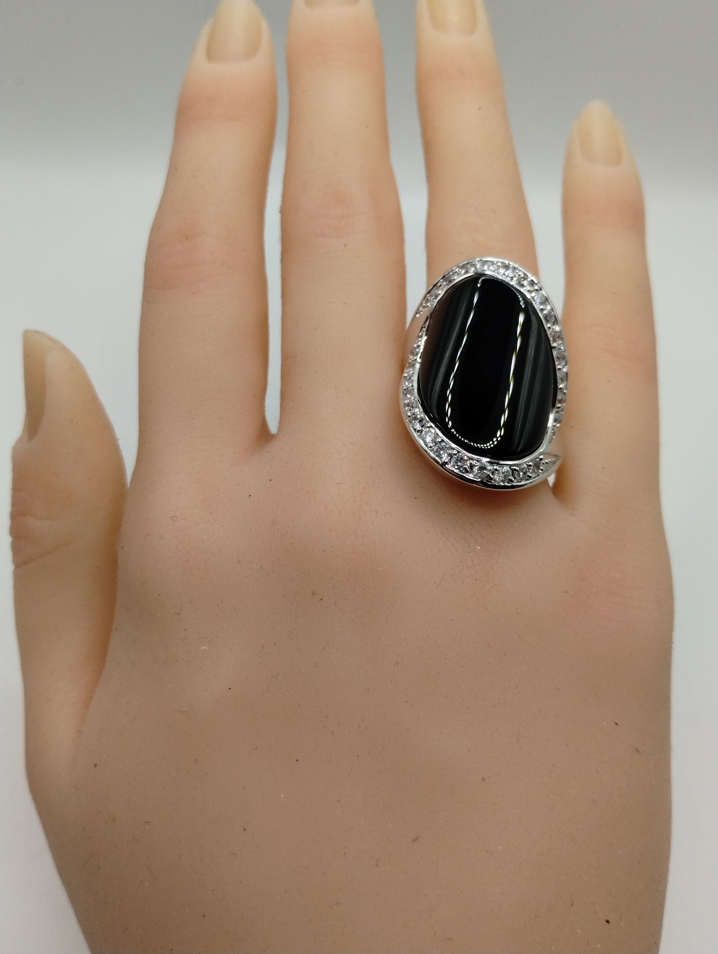 Silver Tone Black CZ Halo Modern Cocktail Fashion Ring Sz 8