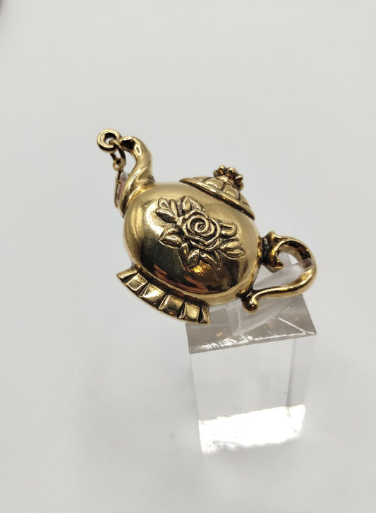 Vintage Gold Tone Avon Flower Tea Pot Aurora Borealis Tear Drop CZ Pin Brooch