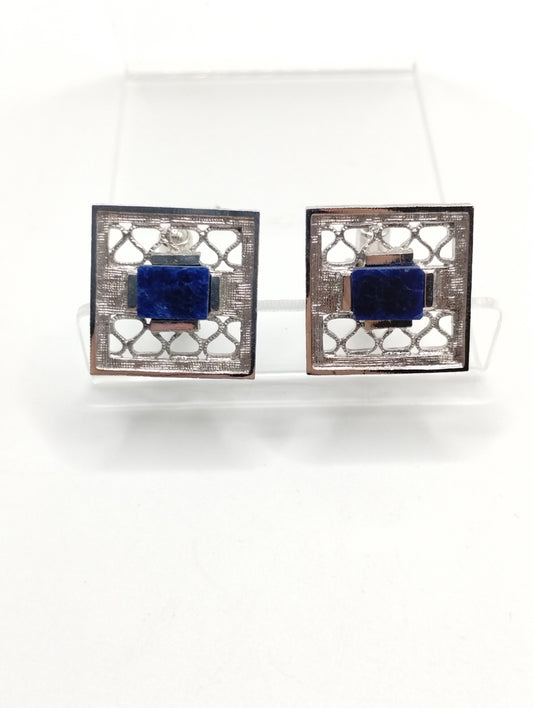 Vintage Signed Dante Silver Tone Filigiree Blue Lapiz Lazuli Cufflinks