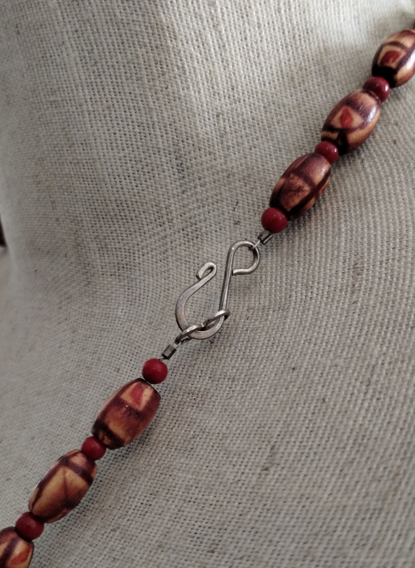 Vintage Carved Wood Painted Red Bead Necklace