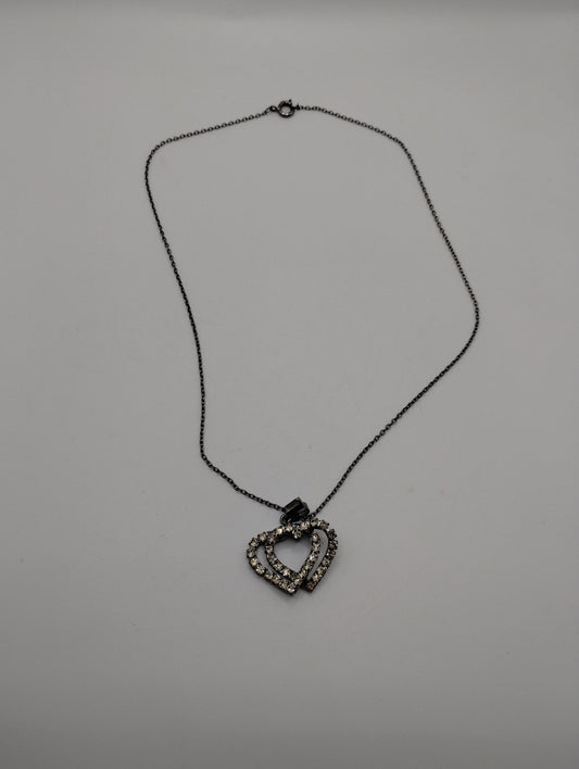 Vintage Silver Tone Rhinestone Double Heart Pendant Chain Necklace