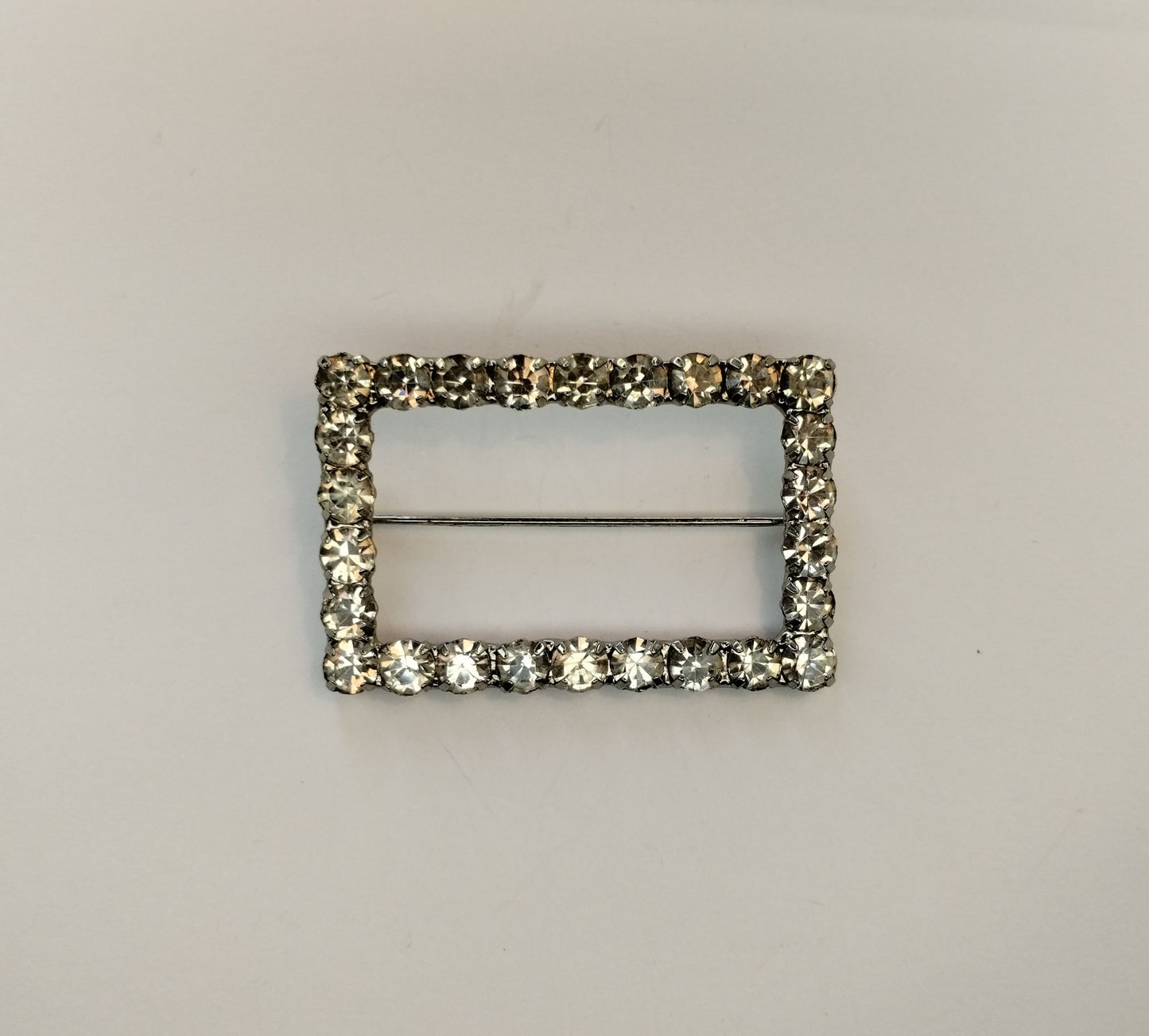 Vintage Silver Tone Rhinestone Rectangle Open Cut Out Frame Brooch Pin