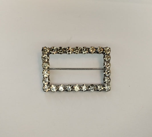 Vintage Silver Tone Rhinestone Rectangle Open Cut Out Frame Brooch Pin