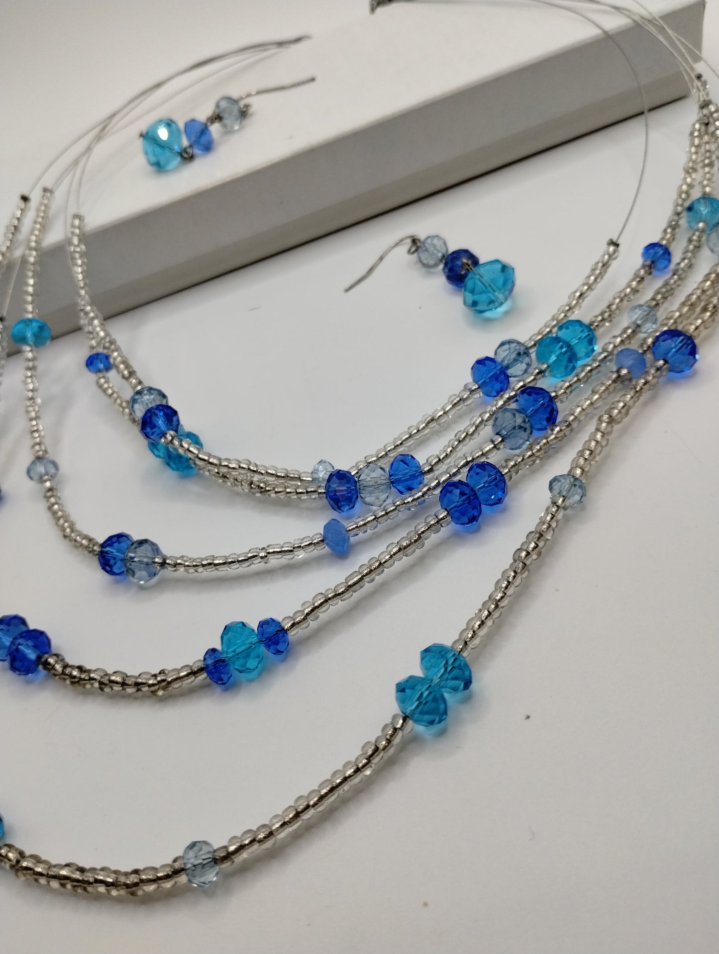 Silver Tone Blue Silver Beaded Wire Multi Chain 20" Necklace Earring Set