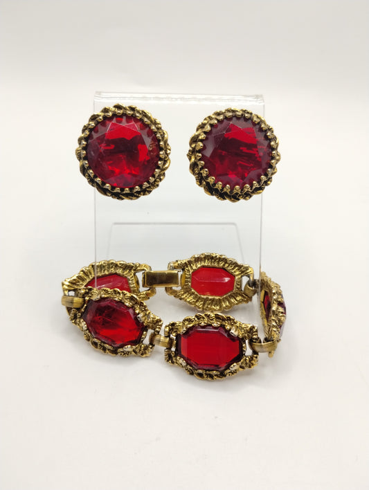 Vintage Gold Tone Red Glass Open Bezel Jewelry Set Bracelet Clip on Earrings
