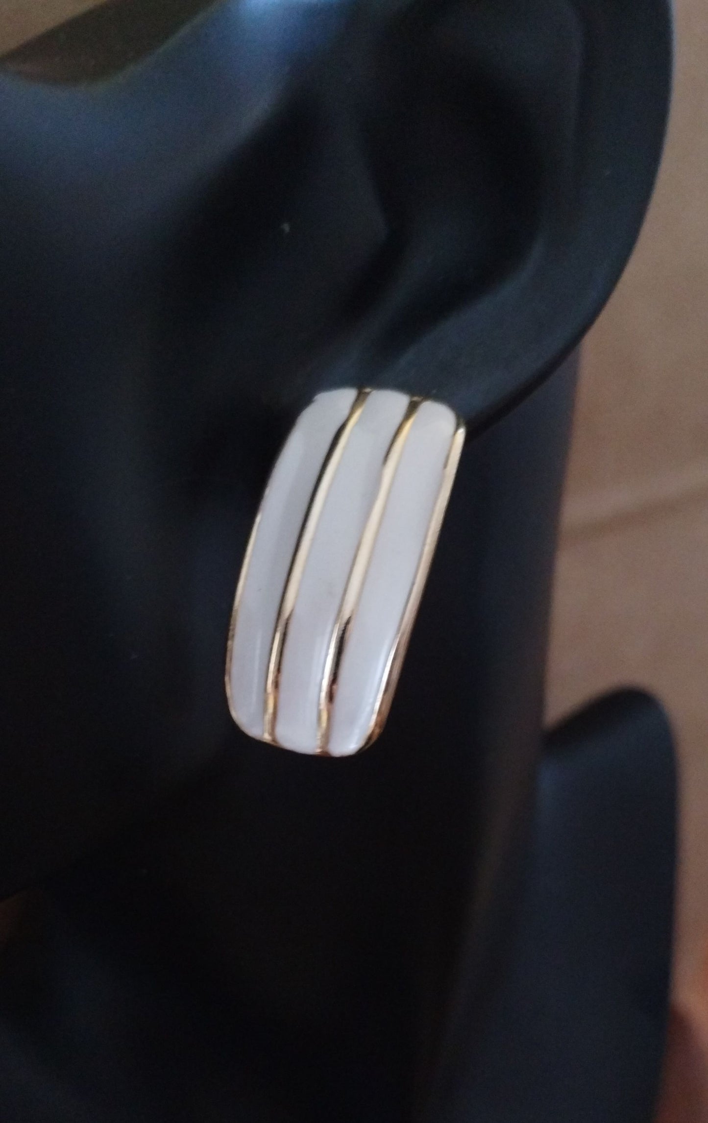 Vintage Gold Tone & White Enamel Striped Rectangular Post Back Earrings