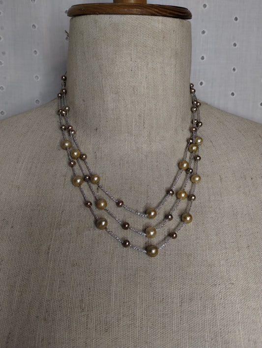 Sterling Silver 925 3 Strand Multistrand Real Pearl Necklace