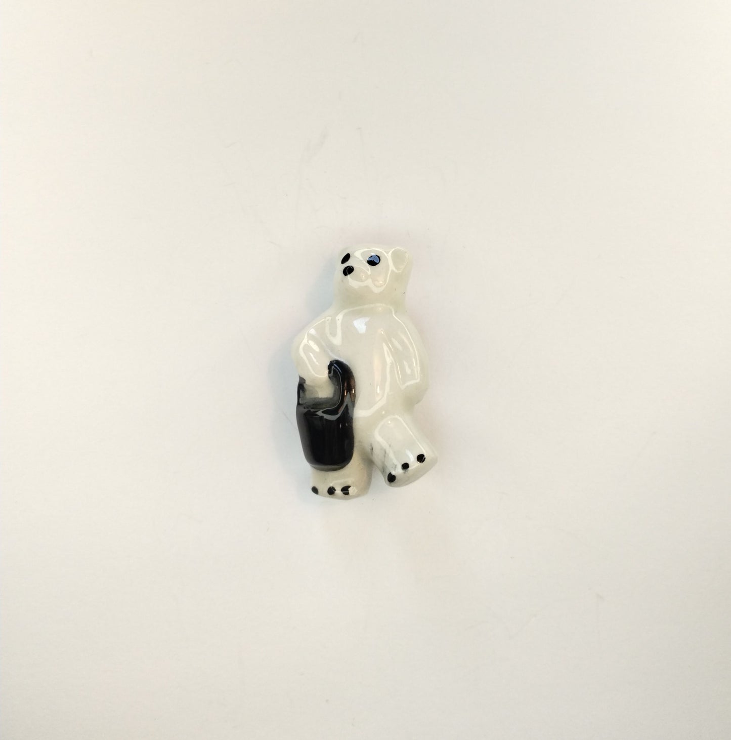 Vintage Glazed Ceramic White Bear Polar Bear with Basket Brooch Pin