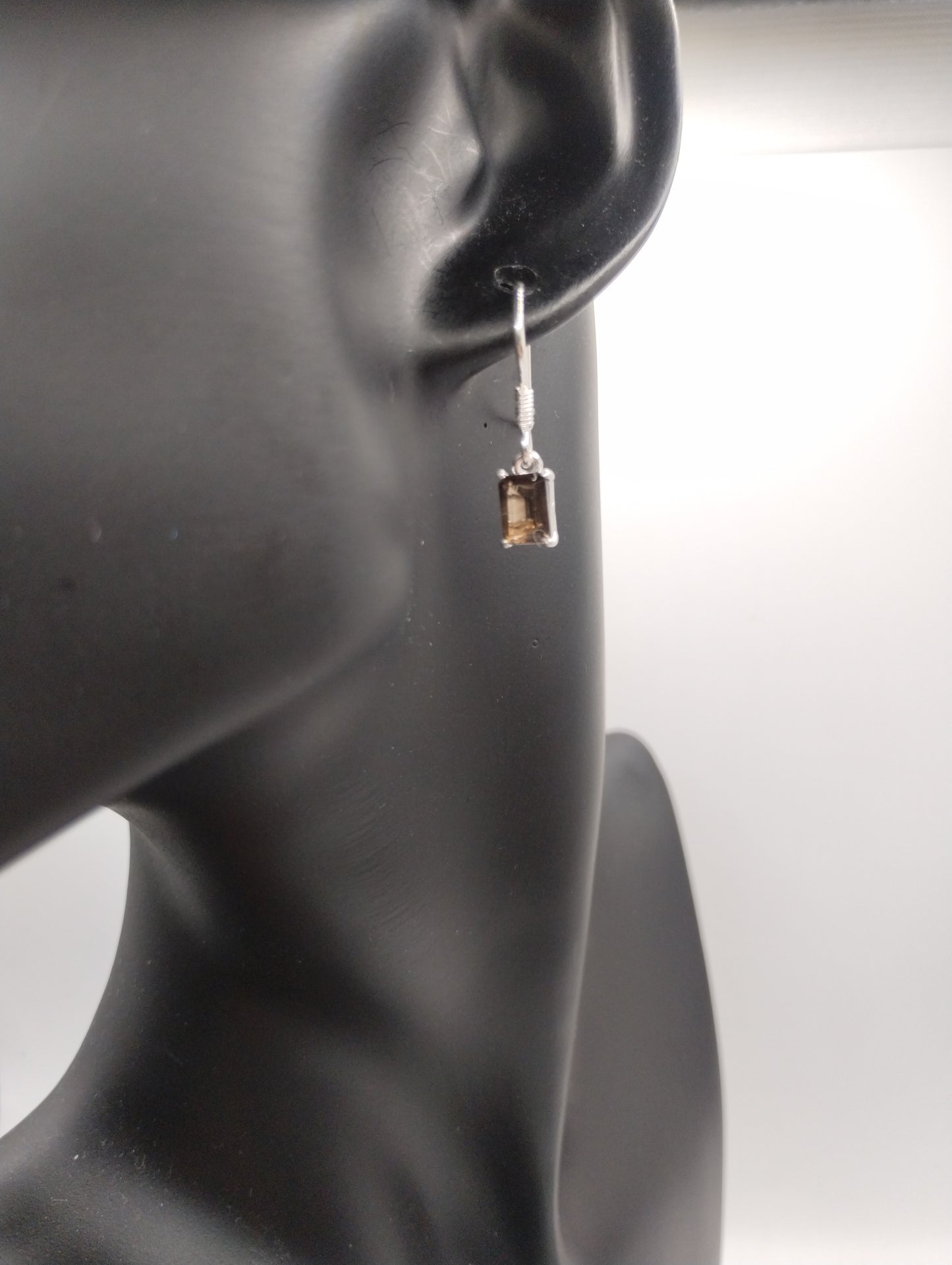 Designer Djoy Sterling Silver 925 Smoky Quartz Emerald Cut Dangly Drop Earrings