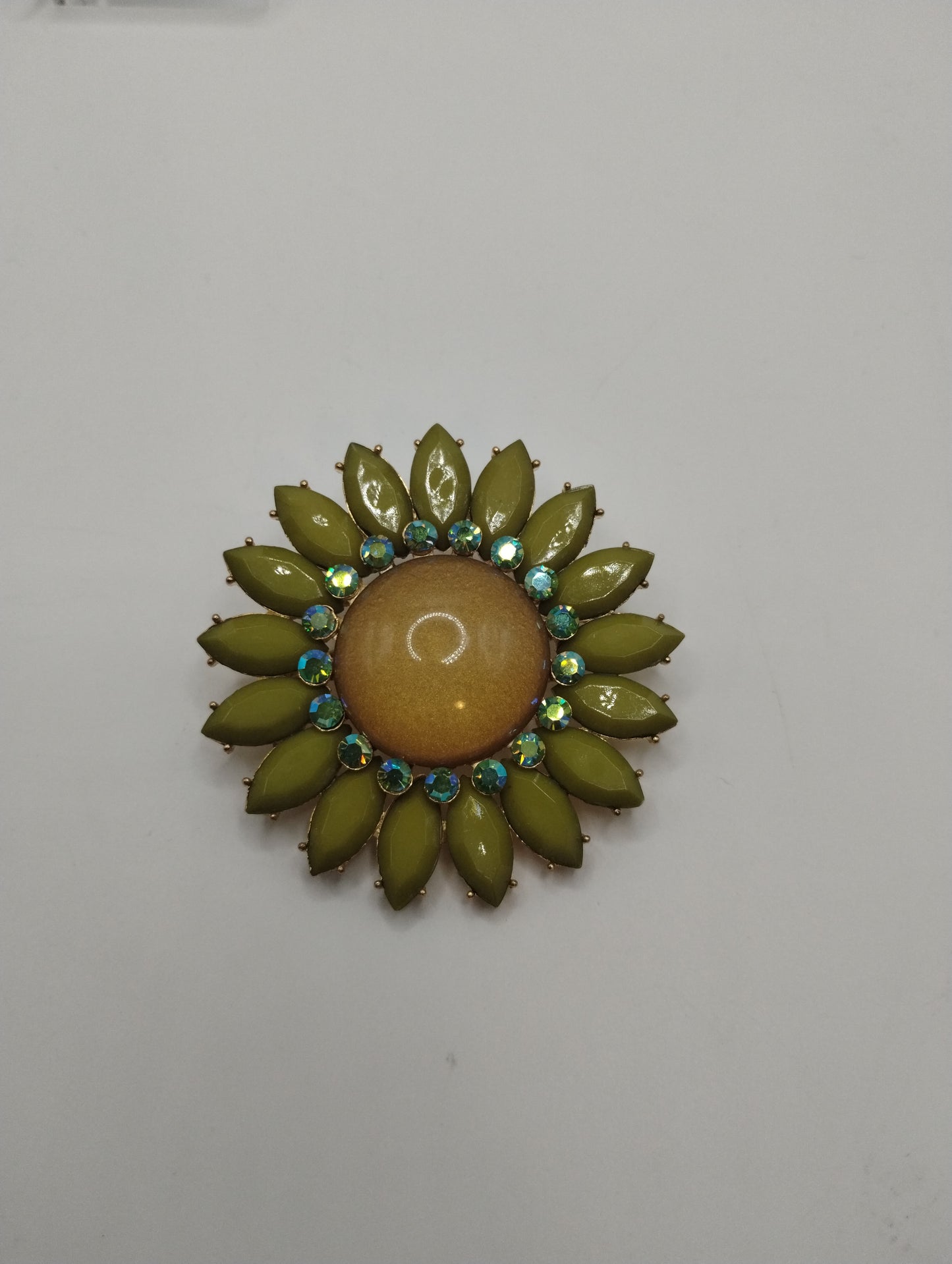 Vintage Flower Brooch Cabochon Center Stone Gold Tone AB Rhinestones