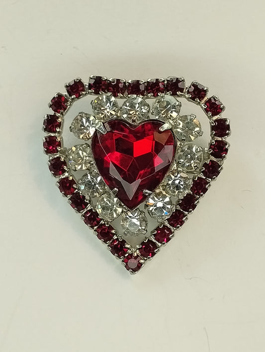 Vintage Silver Tone White Red Rhinestone Heart Shaped Necklace Pendant Brooch