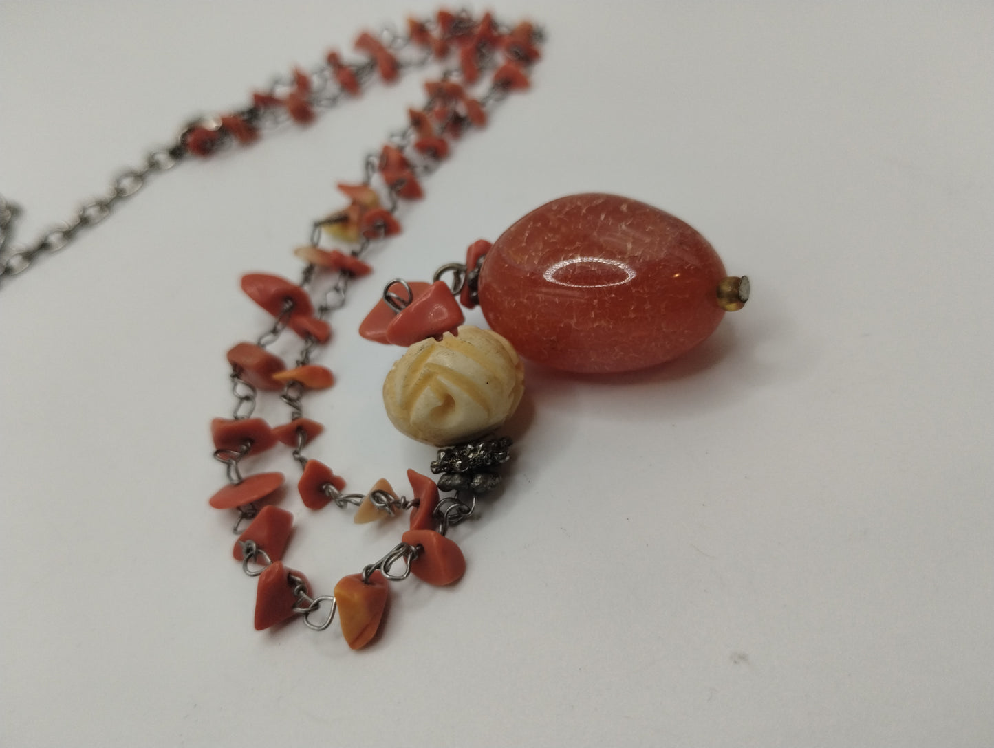 Vintage Silver Tone Red Faux Coral Pendant Necklace