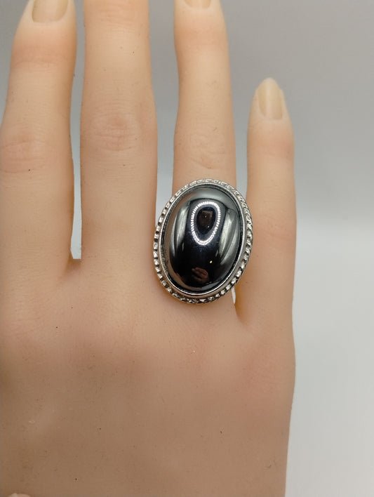 Vintage Silver Tone Hematite Cabochon Cocktail Fashion Ring Adjustable