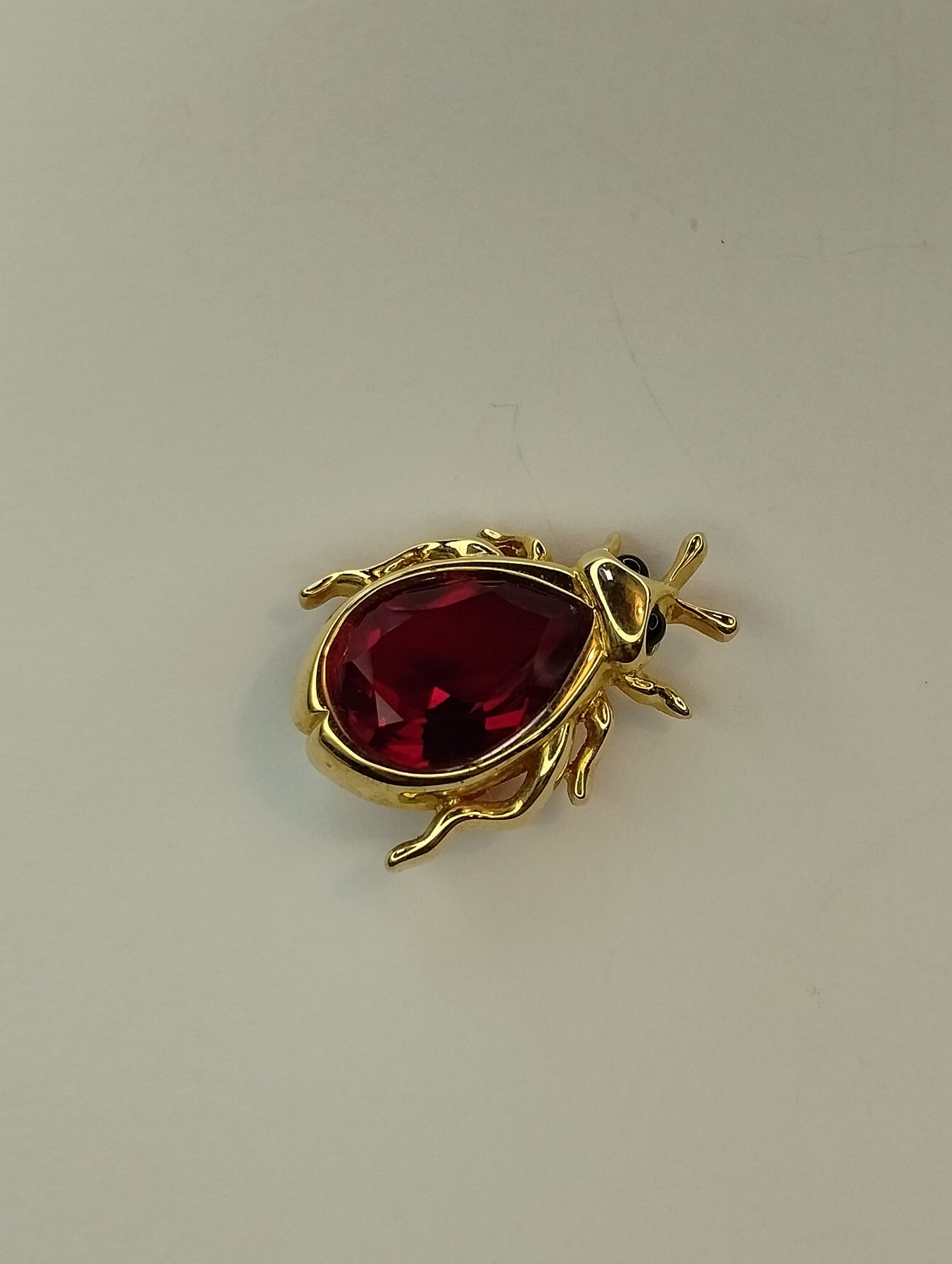 Vintage Swan Signed Swarovski Gold Tone Red Crystal Beetle Insect Brooch Pin