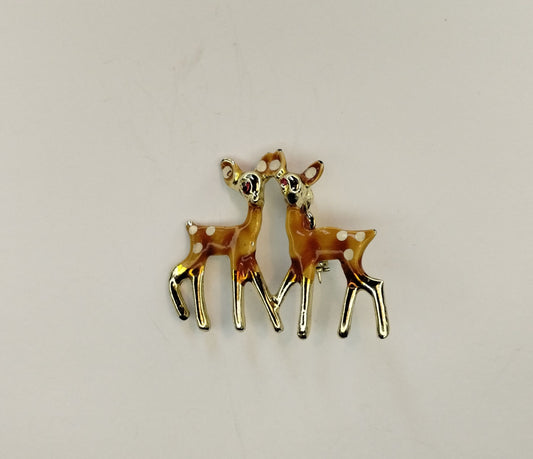 Vintage Gold Tone Enamel Rhinestone Eyes Deer Fawn Brooch Pin