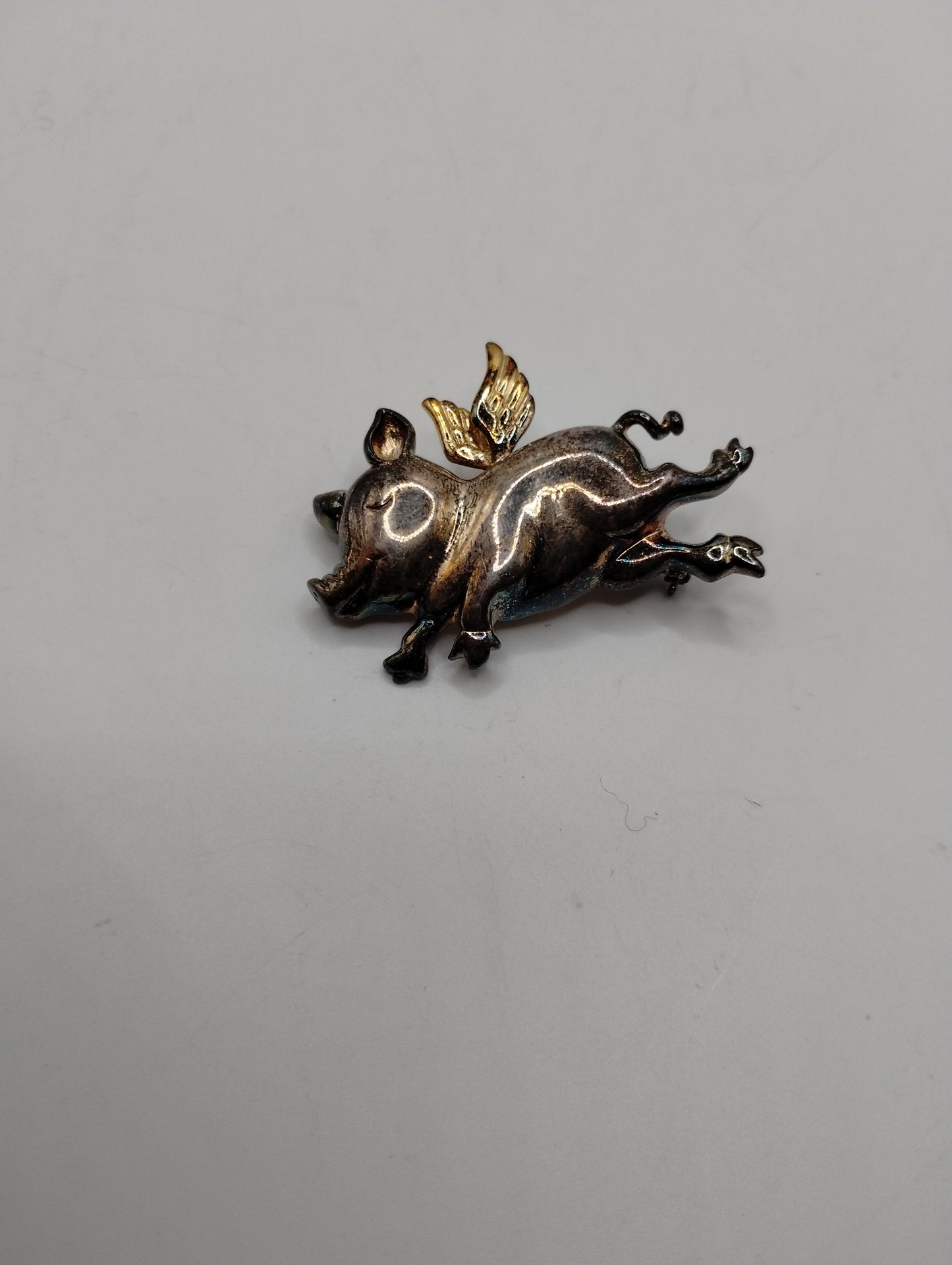 Sterling Silver 925 14k Yellow Gold Flying Pig with Wings Brooch Pin