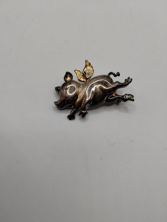 Sterling Silver 925 14k Yellow Gold Flying Pig with Wings Brooch Pin