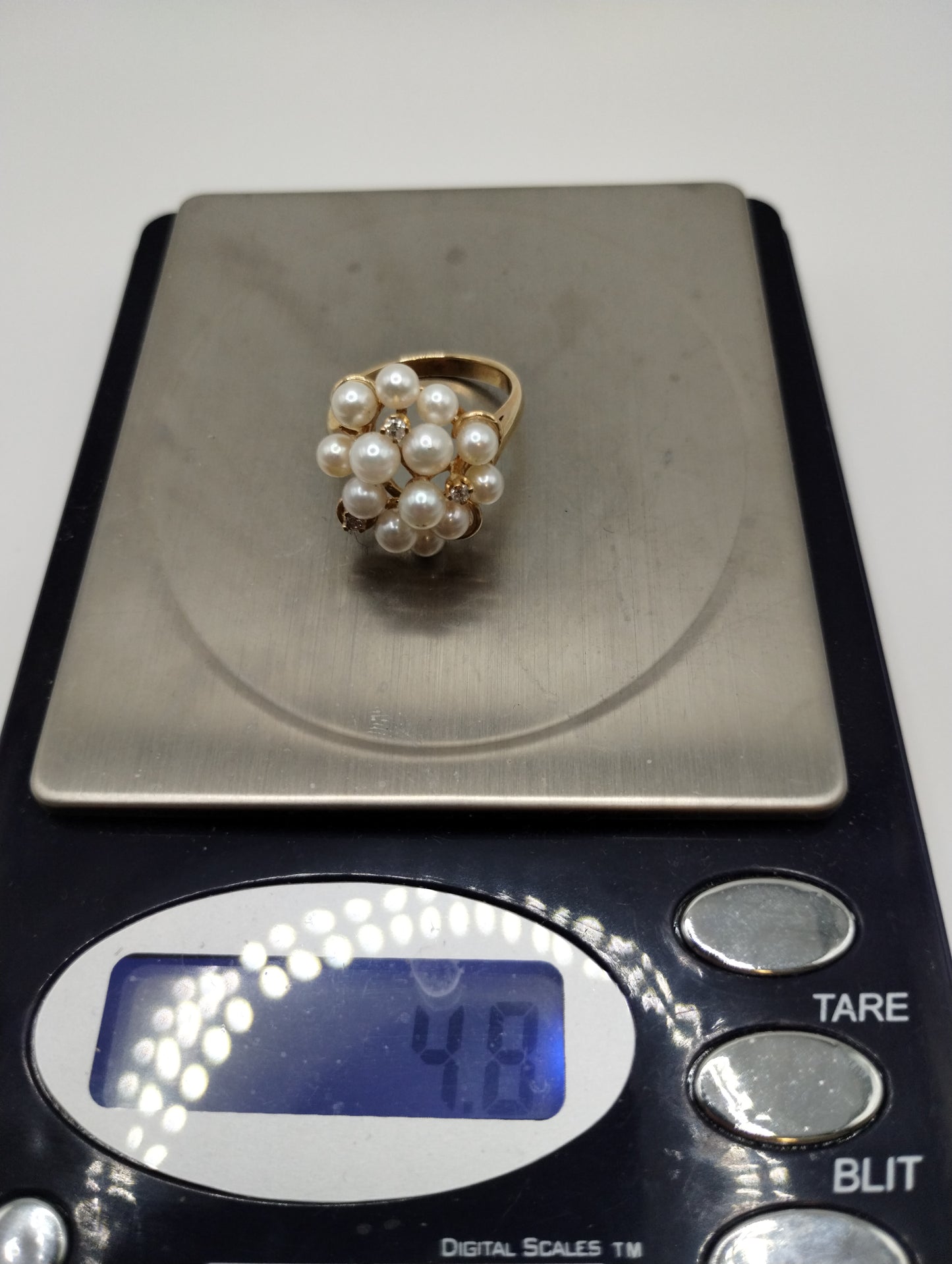 14k Yellow Gold Pearl Cluster Diamond Cocktail Ring Sz 5.75